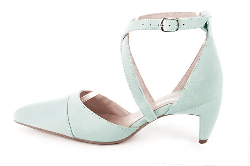 Aquamarine blue women's open side shoes, with crossed straps. Tapered toe. Medium comma heels. Profile view - Florence KOOIJMAN